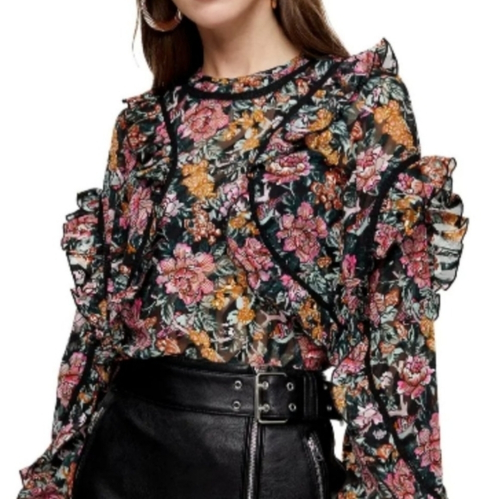 Topshop Floral Slightly Sheer Ruffle Statement Sleeve Blouse Size 6 Small